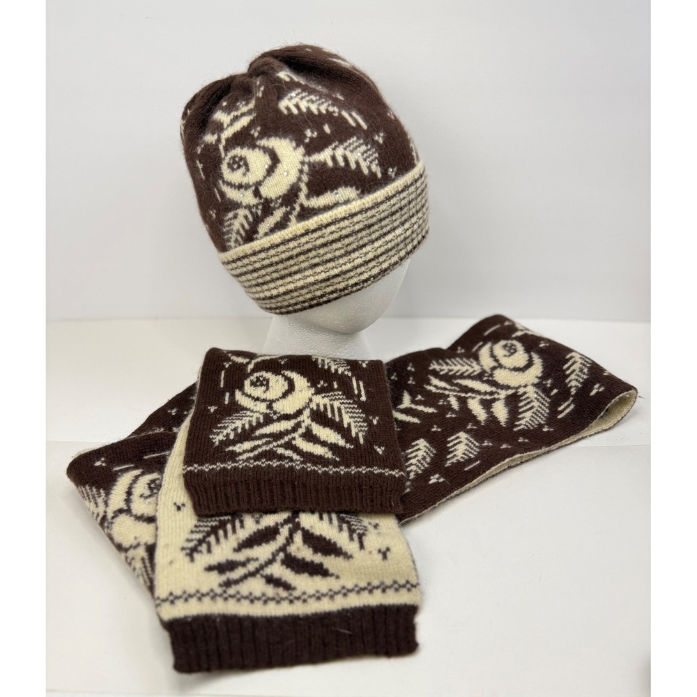 VTG Lord & Taylor Lambswool Angora Hat Scarf Set Brown Cream Floral Sequin